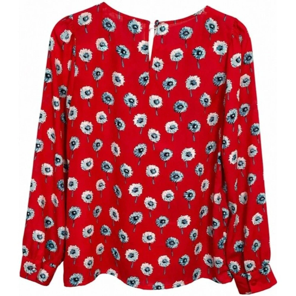 J.Crew Women’s Small Red Floral Blouse Blue Dandelion Print Puff Sleeve Top